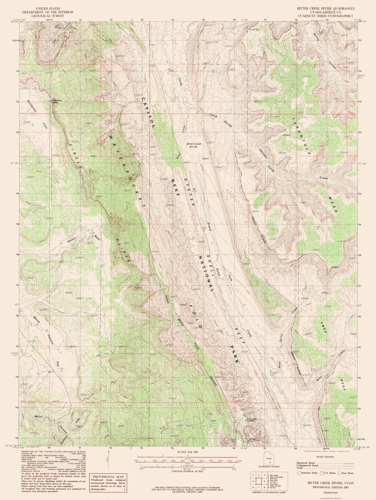 Topographical Map - Bitter Creek Divide Utah Quad - USGS 1987 - 23 x 30.56 - Vintage Wall Art