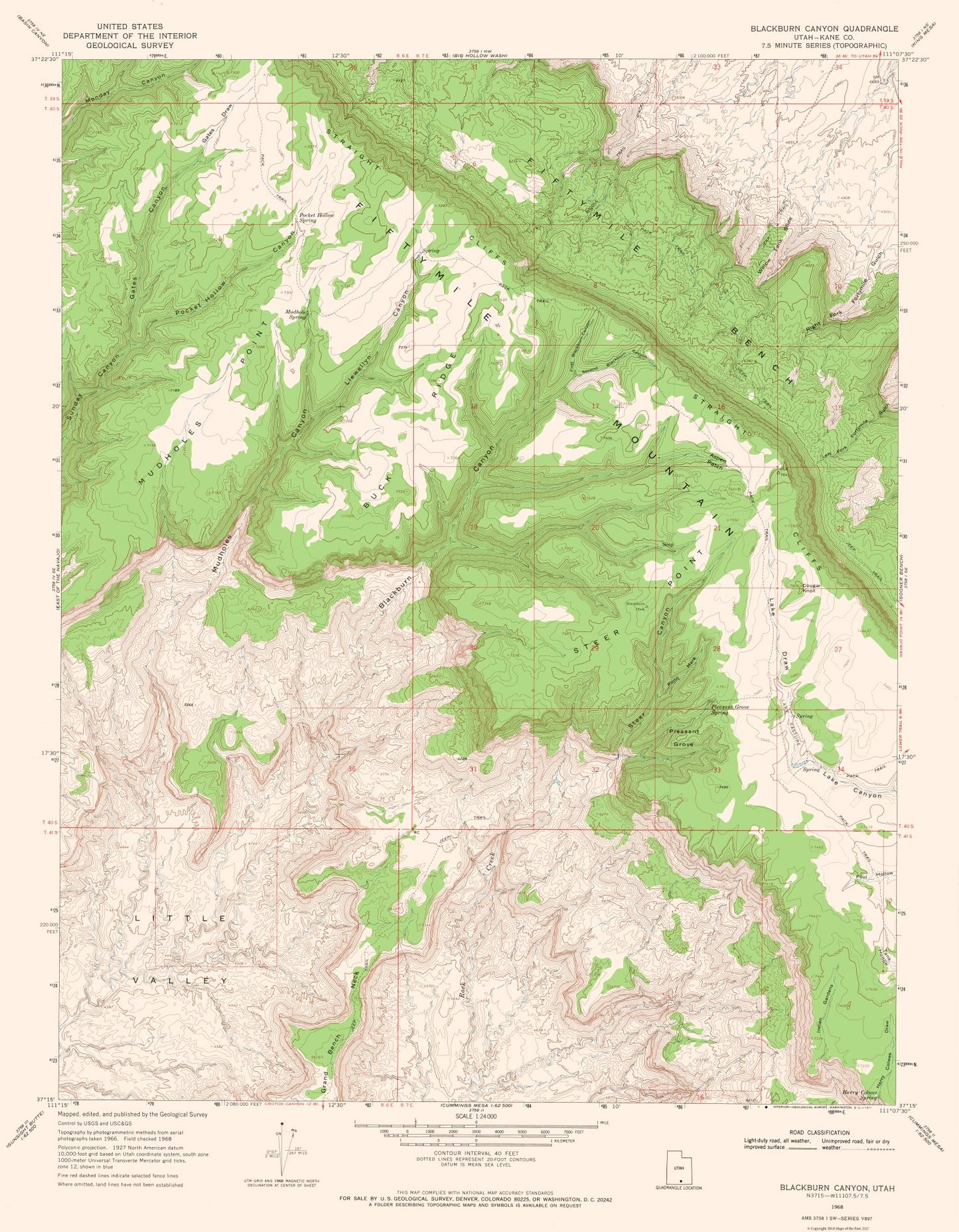 Topographical Map - Blackburn Canyon Utah Quad - USGS 1968 - 23 x 29.54 - Vintage Wall Art