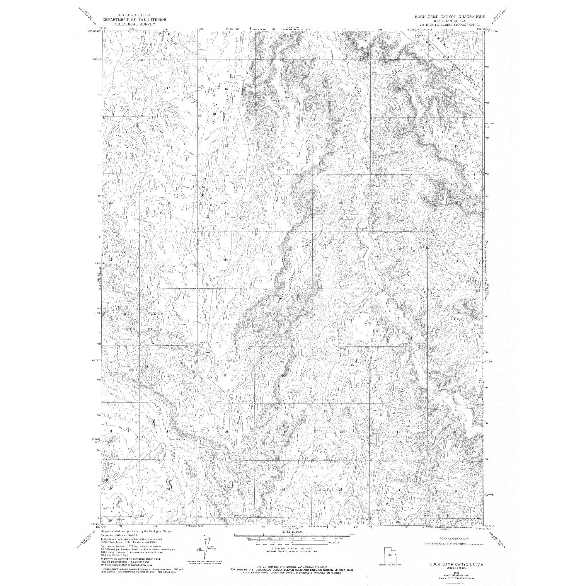 Topographical Map - Buck Camp Canyon Utah Quad - USGS 1968 - 23 x 30.0 ...