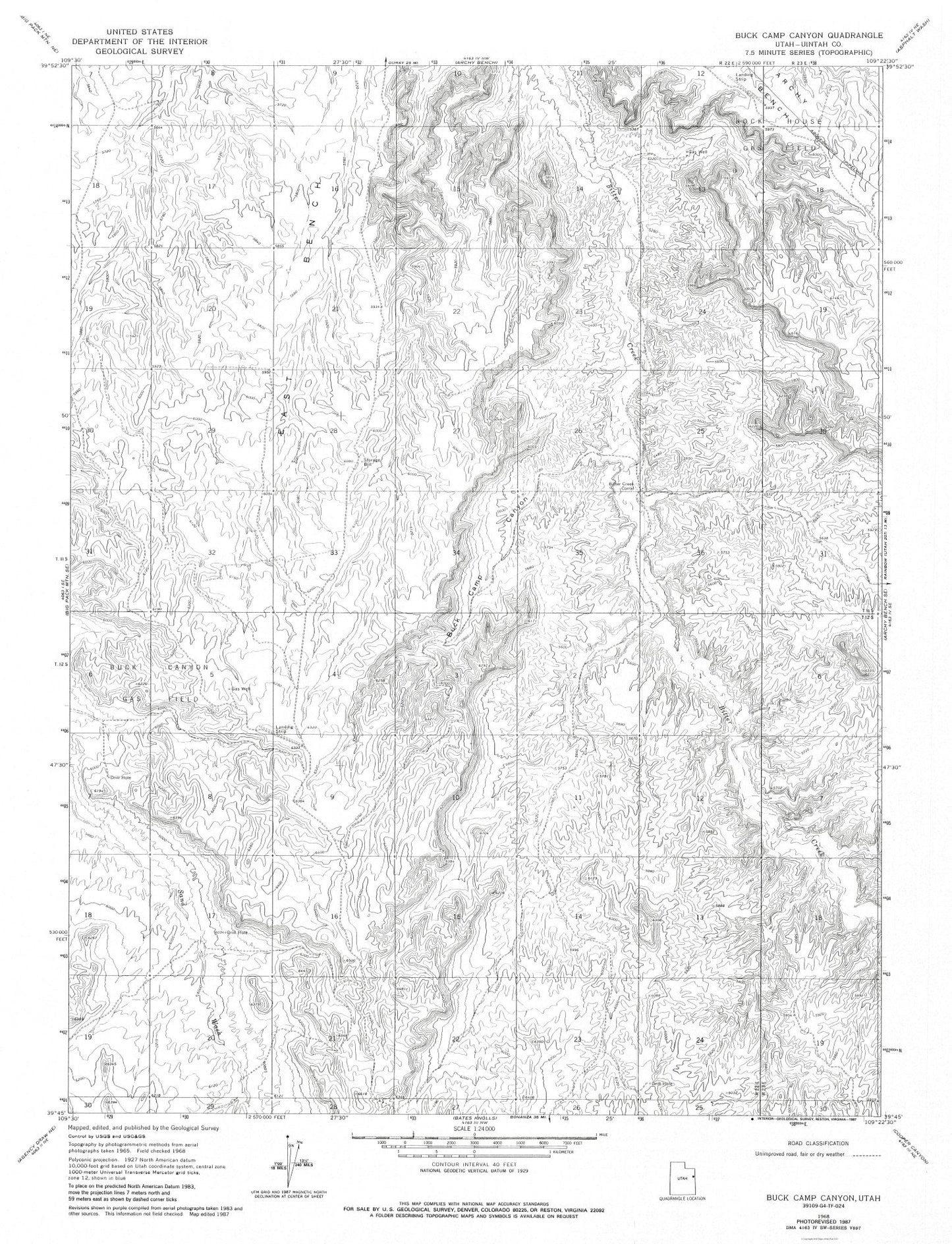 Topographical Map - Buck Camp Canyon Utah Quad - USGS 1968 - 23 x 30.04 - Vintage Wall Art