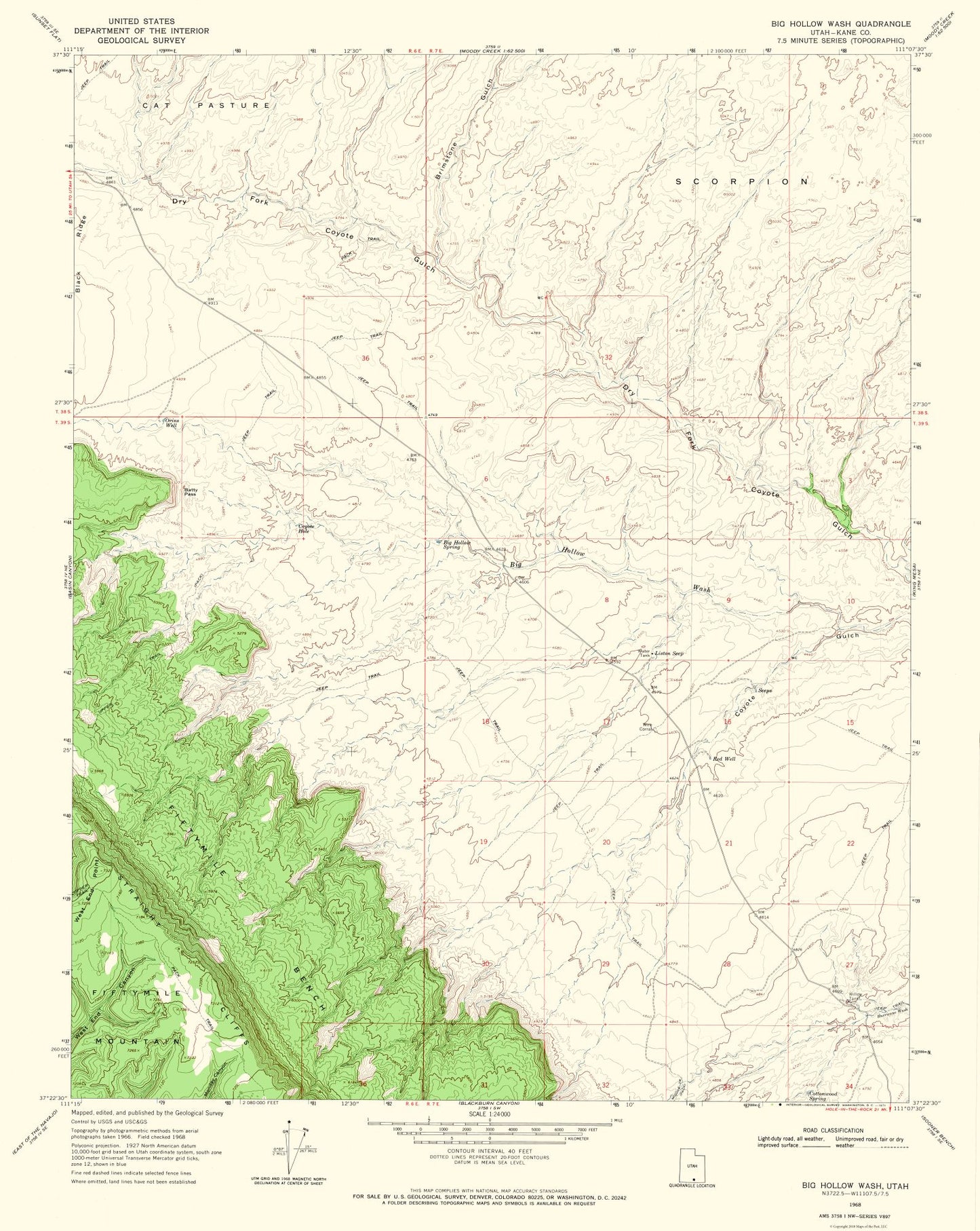 Topographical Map - Big Hollow Wash Utah Quad - USGS 1968 - 23 x 28.87 - Vintage Wall Art