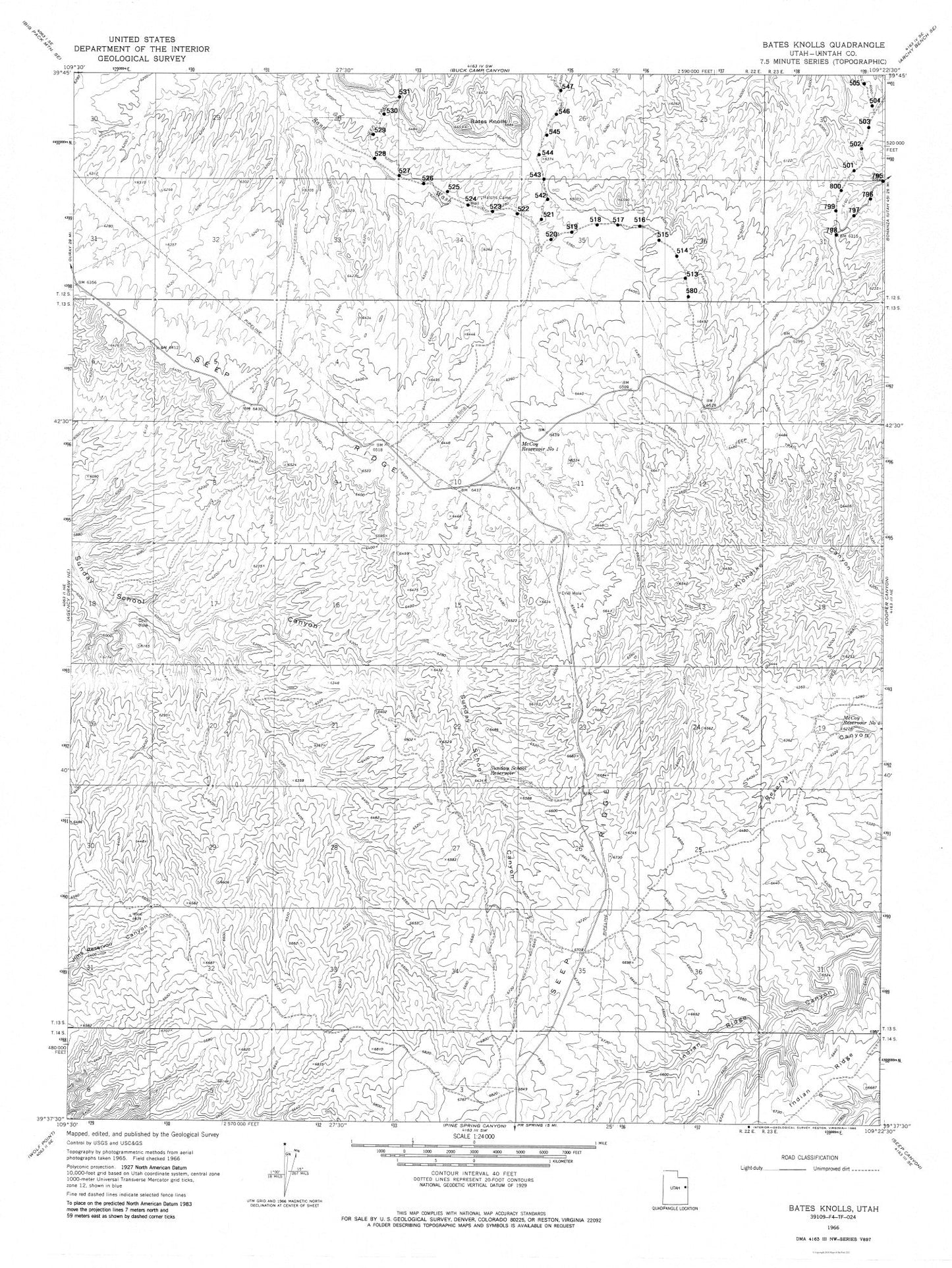 Topographical Map - Bates Knolls Utah Quad - USGS 1966 - 23 x 30.64 - Vintage Wall Art