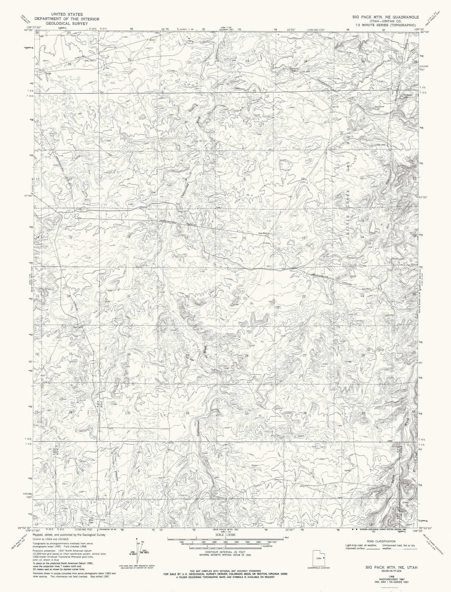 Topographical Map - Big Pack Mountain North East Utah Quad - USGS 1968 - 23 x 30.19 - Vintage Wall Art