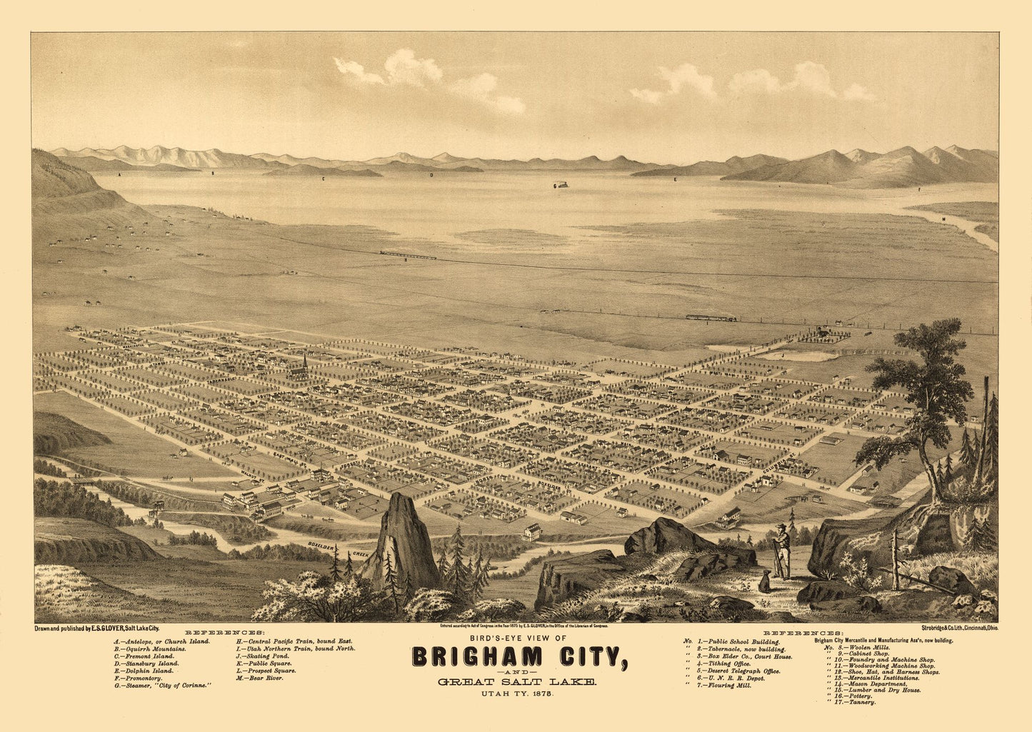 Historic Panoramic View - Brigham Utah - Glover 1875 - 32.44 x 23 - Vintage Wall Art