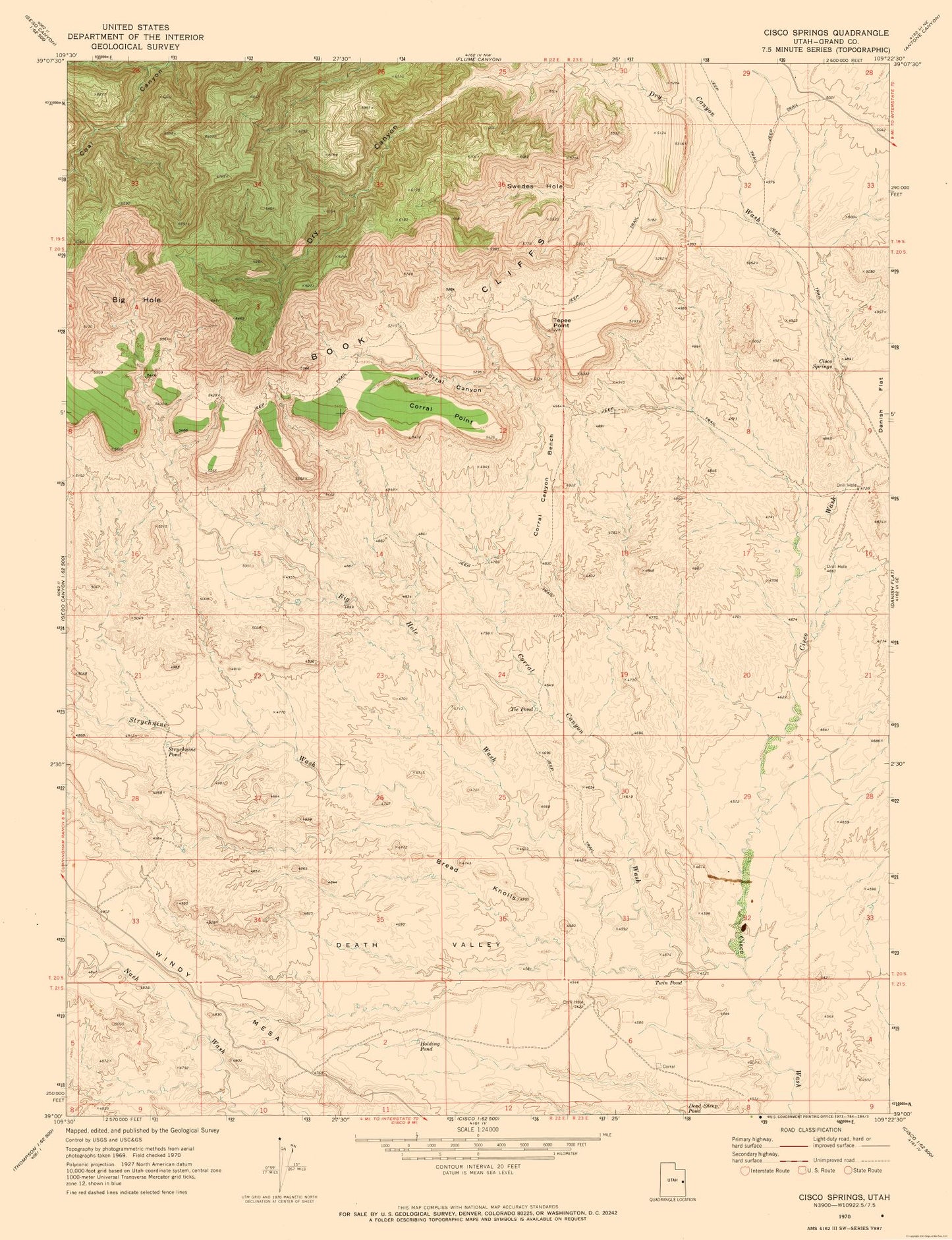 Topographical Map - Cisco Springs Utah Quad - USGS 1970 - 23 x 29.94 - Vintage Wall Art