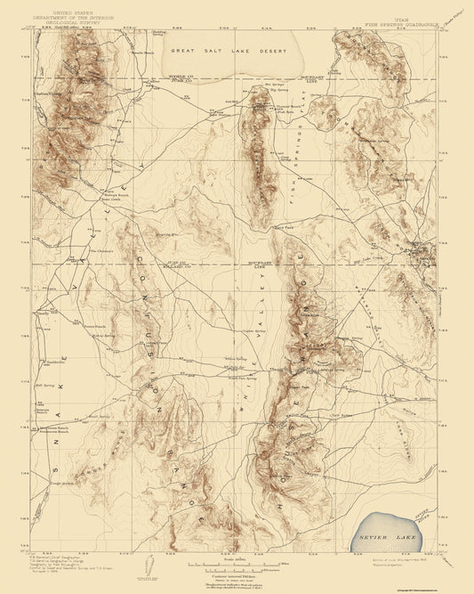 Topographical Map - Fish Springs Utah Quad - USGS 1910 - 23 x 28.77 - Vintage Wall Art