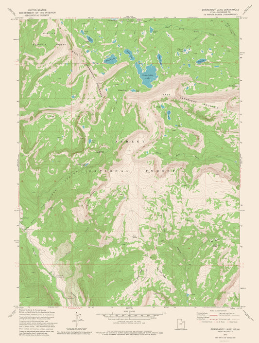 Topographical Map - Grandaddy Lake Utah Quad - USGS 1972 - 23 x 30.44 - Vintage Wall Art