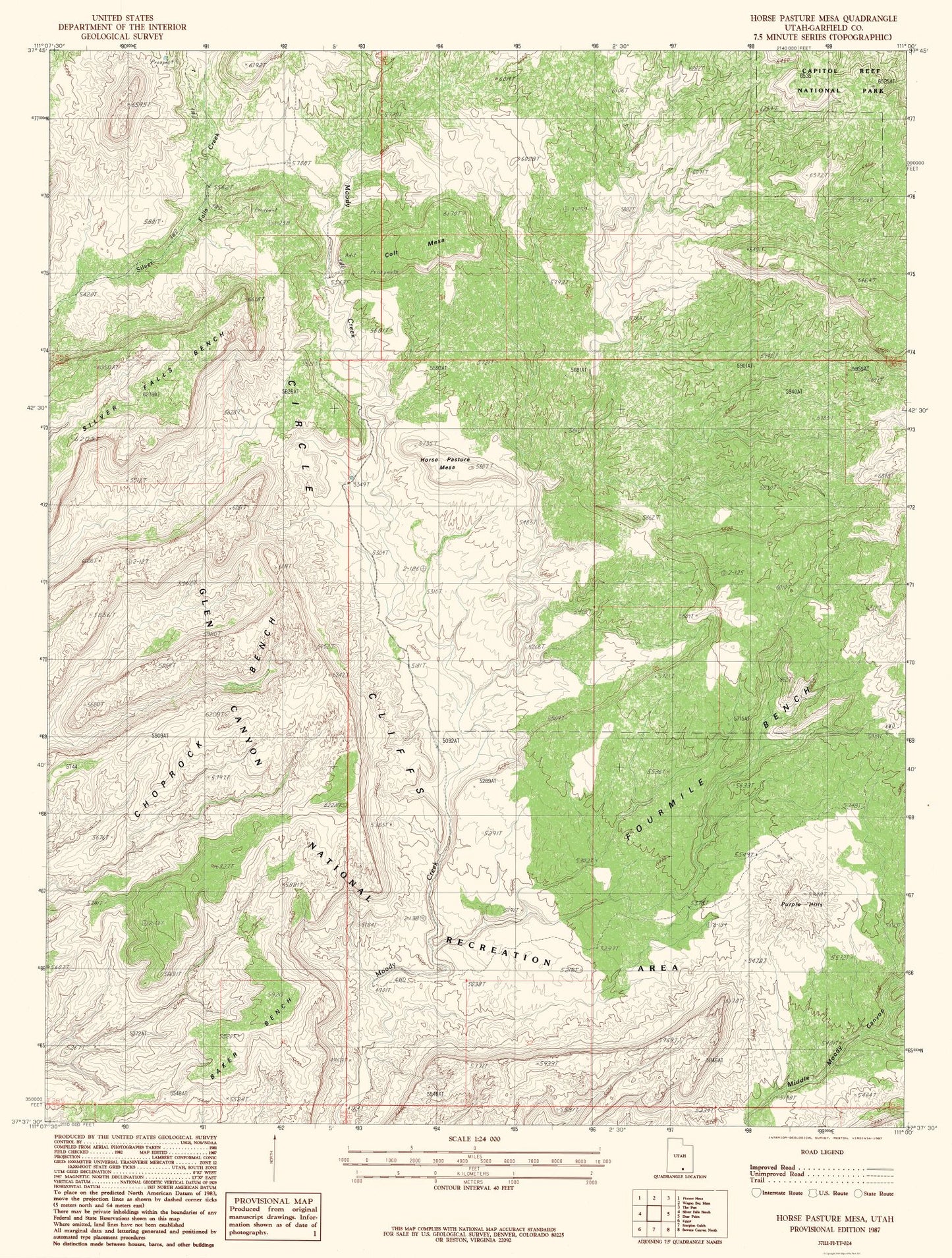 Topographical Map - Horse Pasture Mesa Utah Quad - USGS 1987 - 23 x 30.40 - Vintage Wall Art