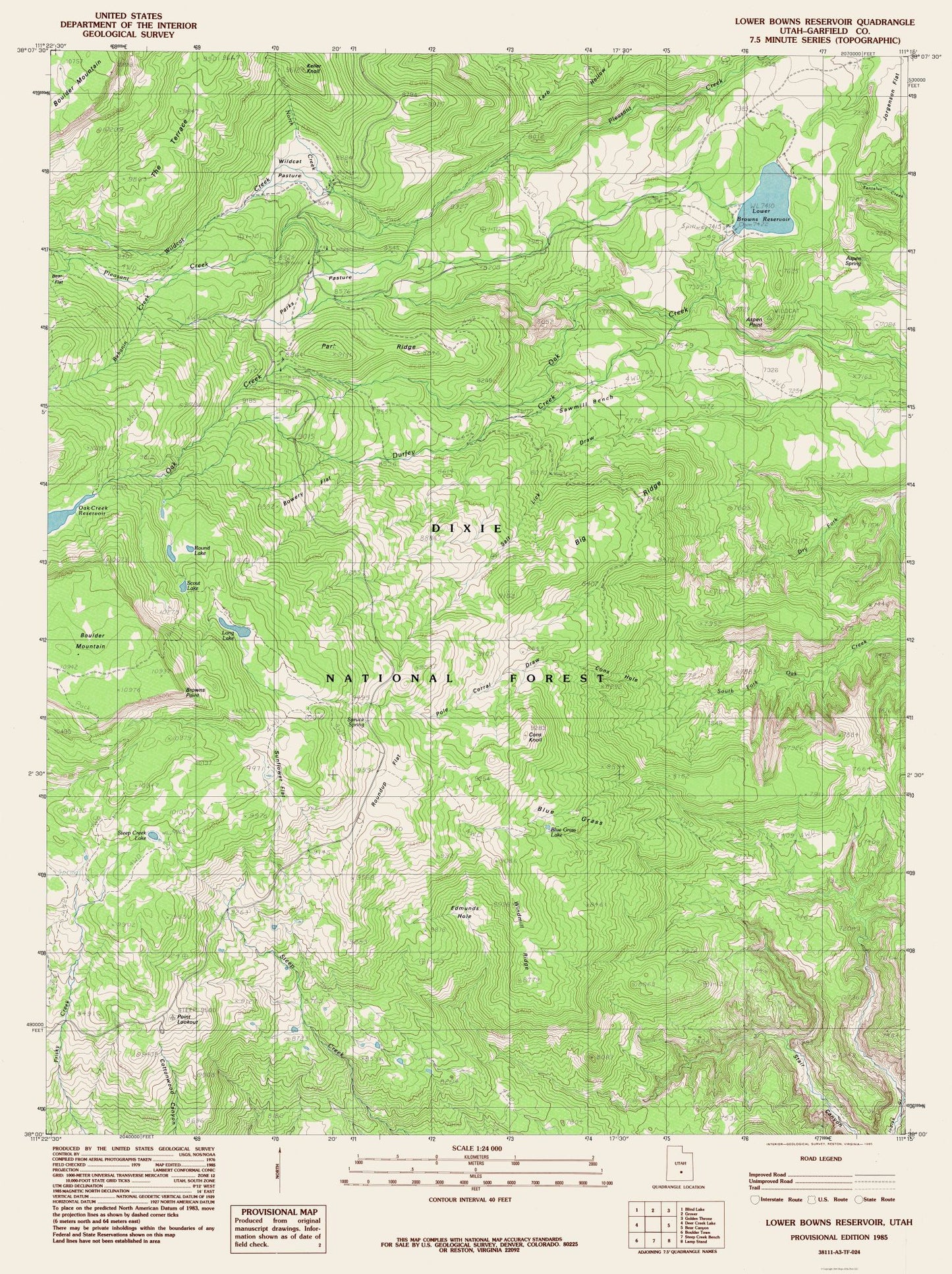 Topographical Map - Lower Bowns Reservoir Utah Quad - USGS 1985 - 23 x 30.76 - Vintage Wall Art