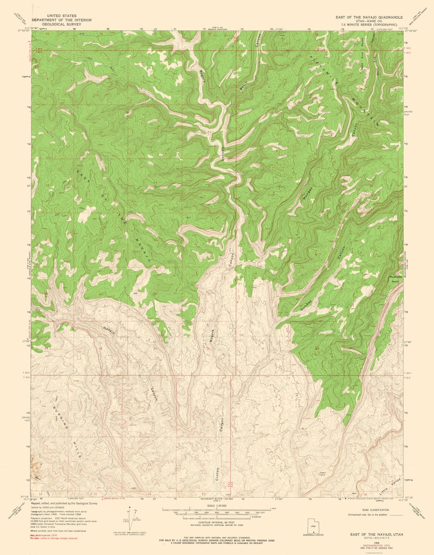 Topographical Map - Navajo East Utah Quad - USGS 1968 - 23 x 29.39 - Vintage Wall Art