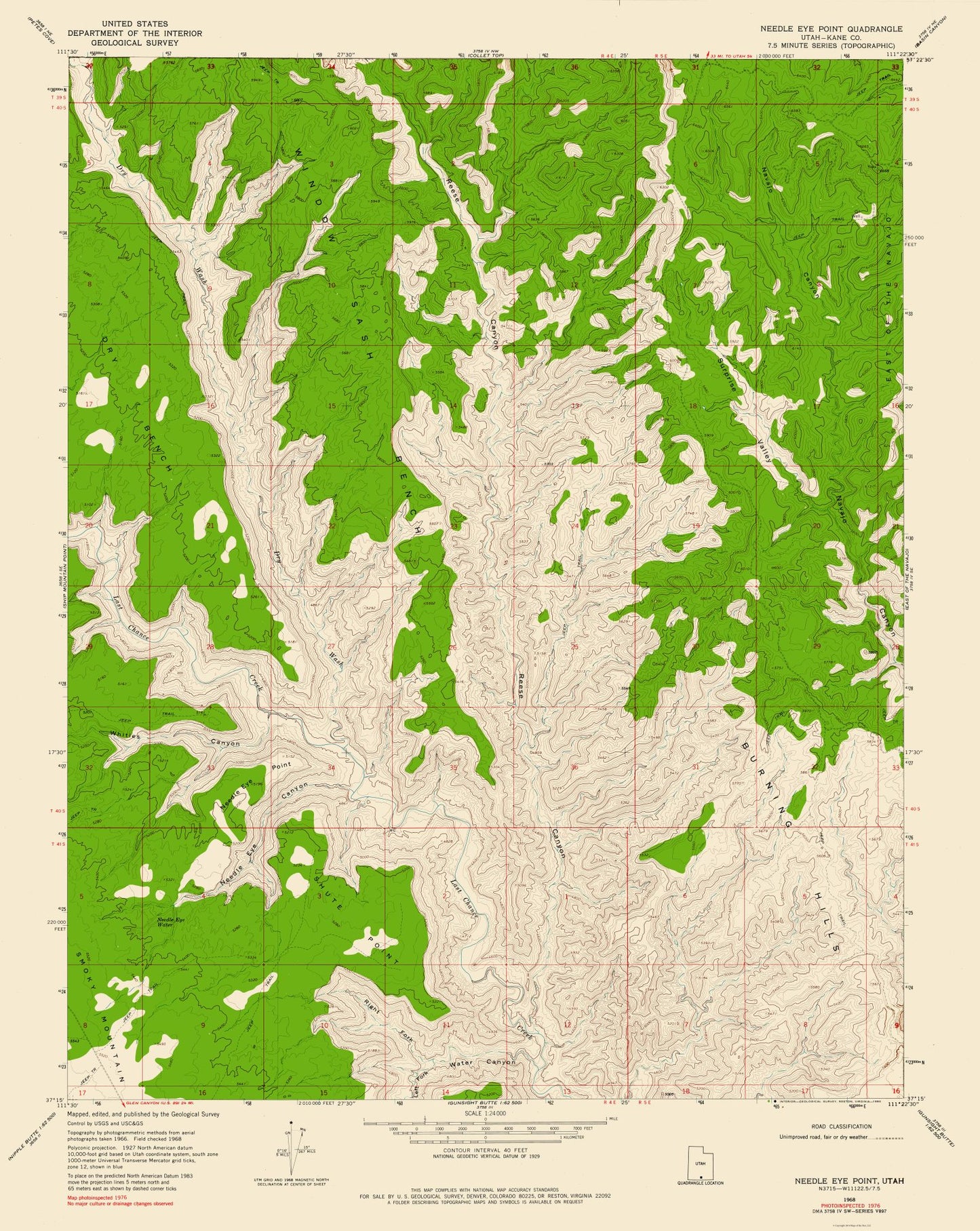 Topographical Map - Needle Eye Point Utah Quad - USGS 1968 - 23 x 28.90 - Vintage Wall Art