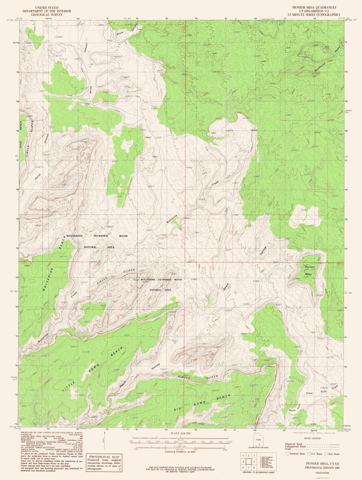 Topographical Map - Pioneer Mesa Utah Quad - USGS 1987 - 23 x 30.48 - Vintage Wall Art