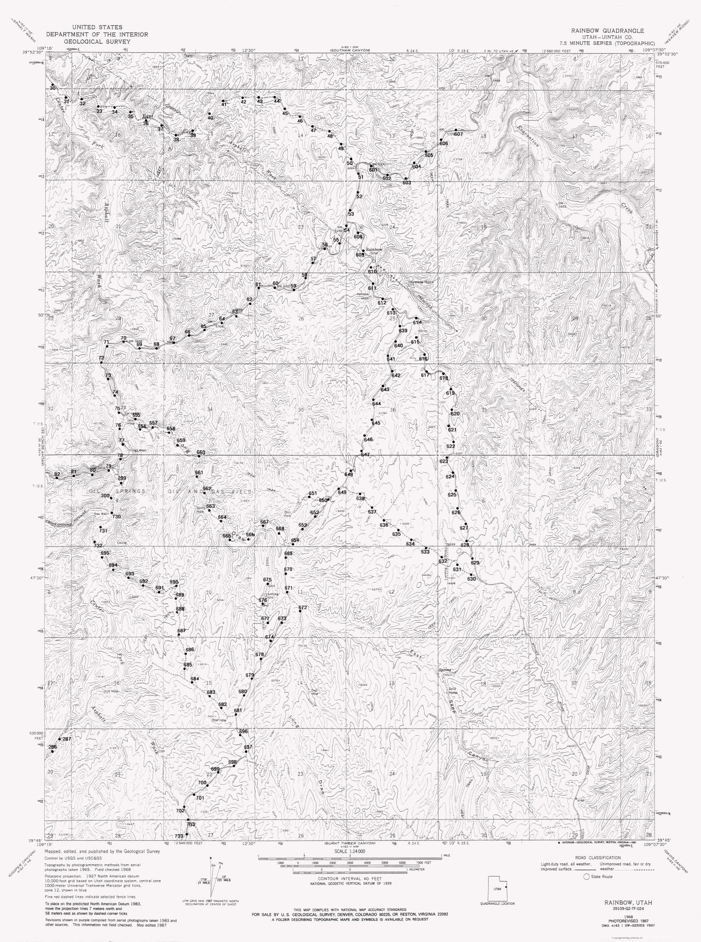 Topographical Map - Rainbow Utah Quad - USGS 1968 - 23 x 30.89 - Vintage Wall Art