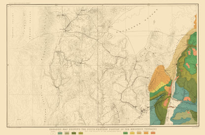 Topographical Map - Mesozoic Terraces South Western Portion - USGS 1882 - 23 x 34 - Vintage Wall Art