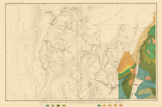 Topographical Map - Mesozoic Terraces South Western Portion - USGS 1882 - 23 x 34 - Vintage Wall Art