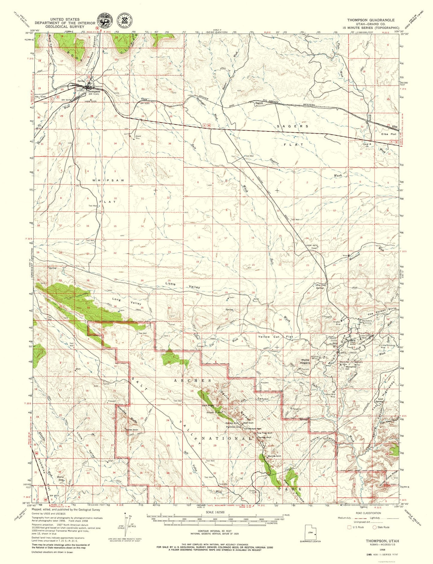 Topographical Map - Thompson Utah Quad - USGS 1958 - 23 x 29.98 - Vintage Wall Art