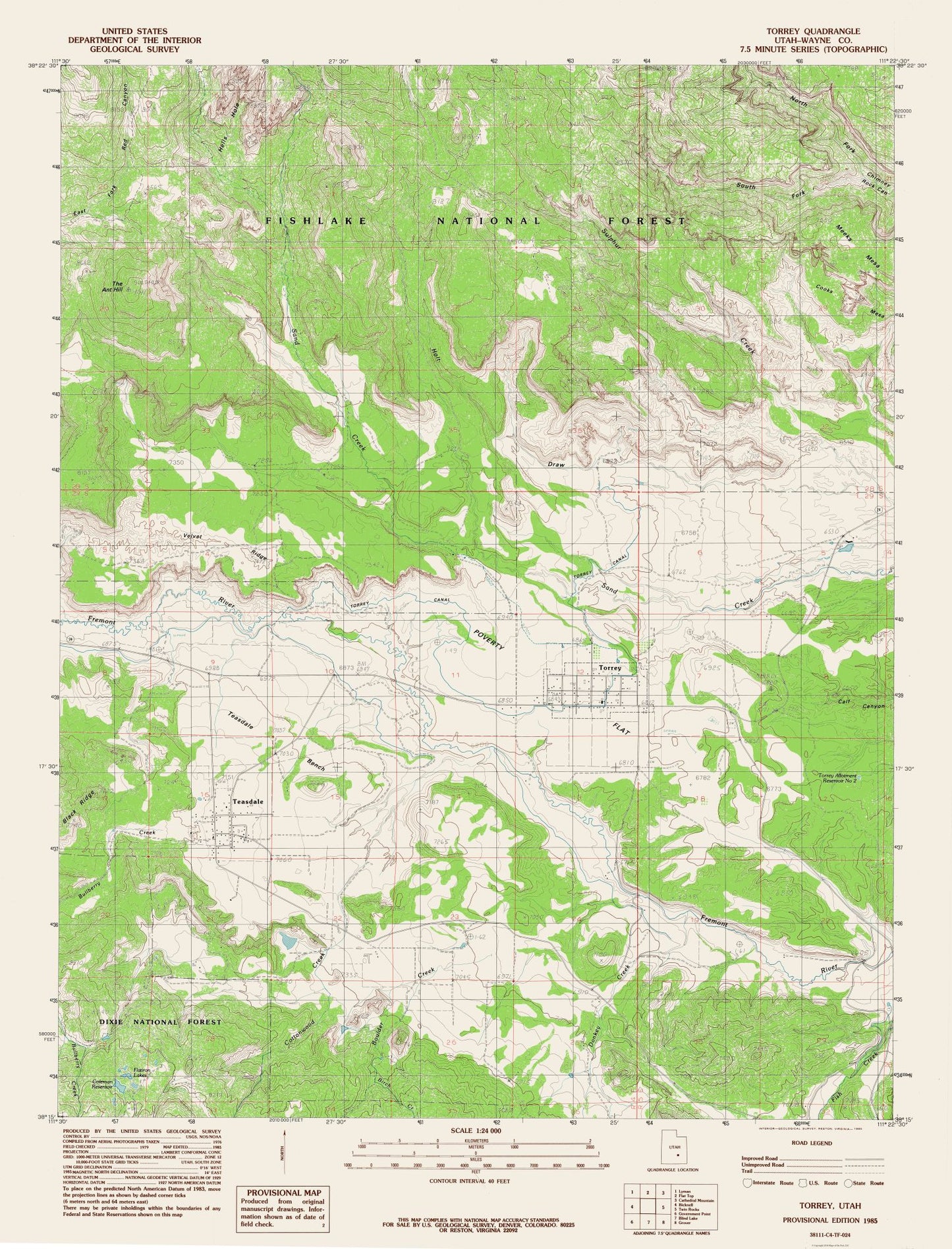 Topographical Map - Torrey Utah Quad - USGS 1985 - 23 x 30.17 - Vintage Wall Art