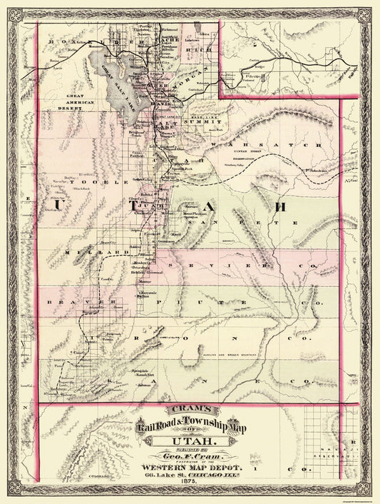 Historic State Map - Utah - Cram 1875 - 23 x 30.5 - Vintage Wall Art