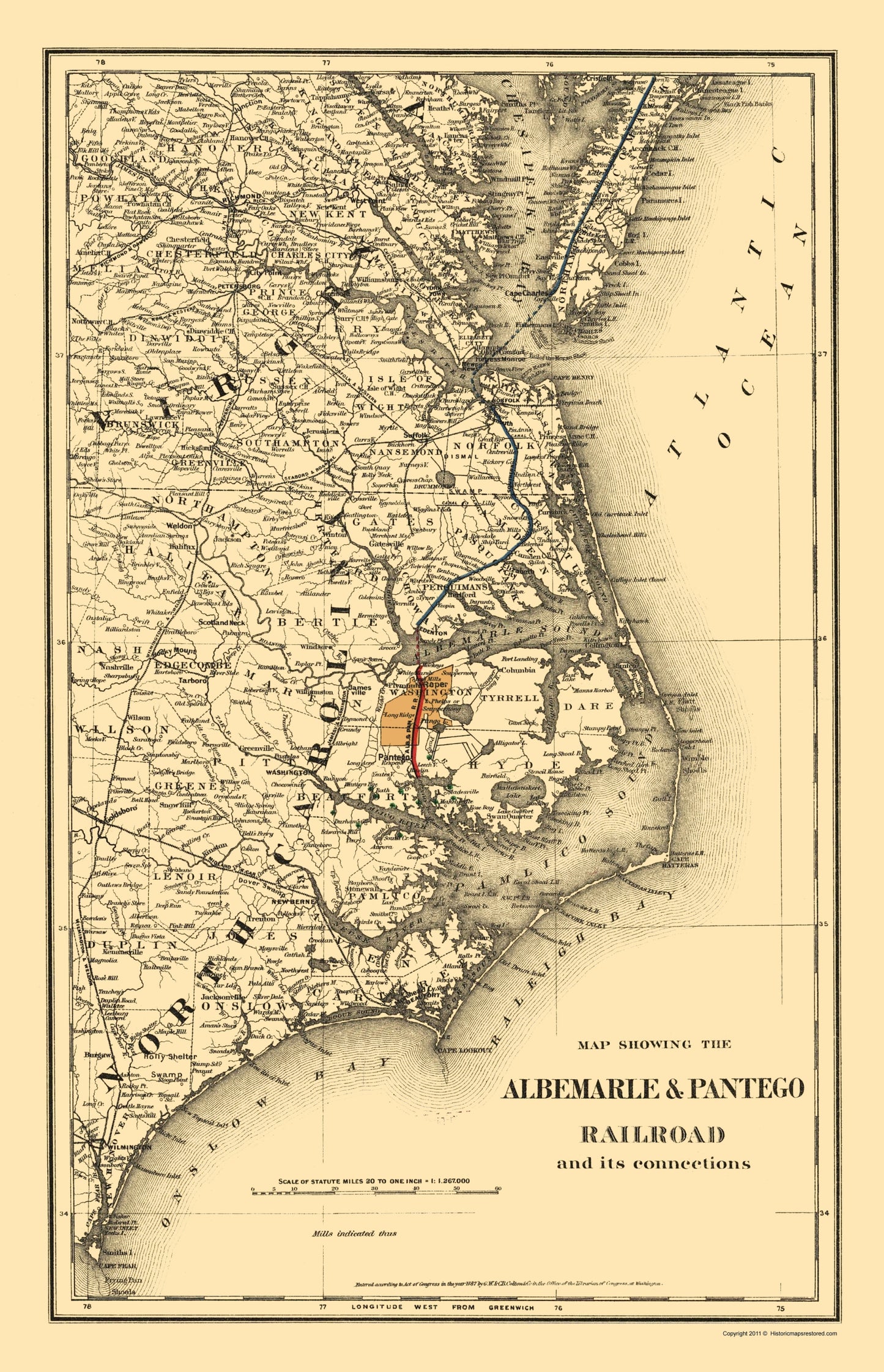 Railroad Map - Albemarle and Pantego Railroad Connections 1887 - 23 x 35 - Vintage Wall Art