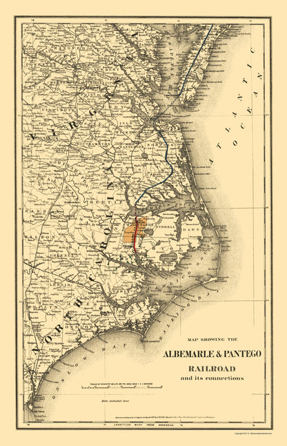 Railroad Map - Albemarle and Pantego Railroad Connections 1887 - 23 x 35 - Vintage Wall Art