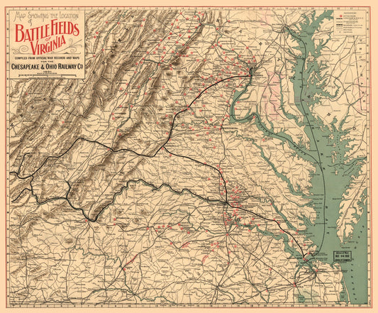 Historical Civil War Map - Virginia Battle Fields - Poole 1891 - 27.83 x 23 - Vintage Wall Art