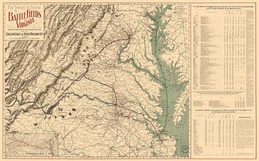 Historical Civil War Map - Virginia Battle Fields - Poole 1898 - 37.05 x 23 - Vintage Wall Art
