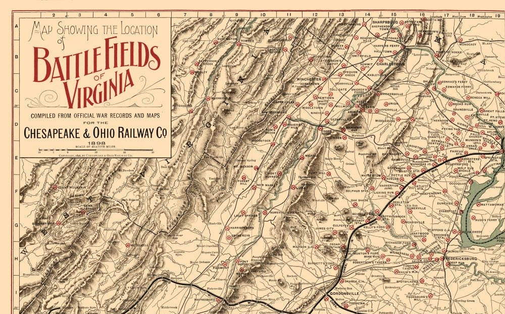 Historical Civil War Map - Virginia Battle Fields - Poole 1898 - 37.05 x 23 - Vintage Wall Art