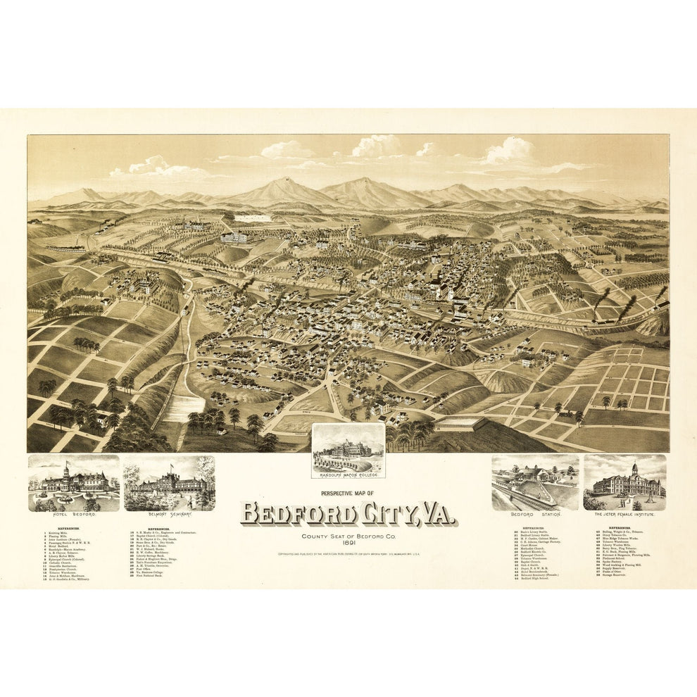 Historic Panoramic View - Bedford Virginia - Perry 1891 - Vintage Wall ...