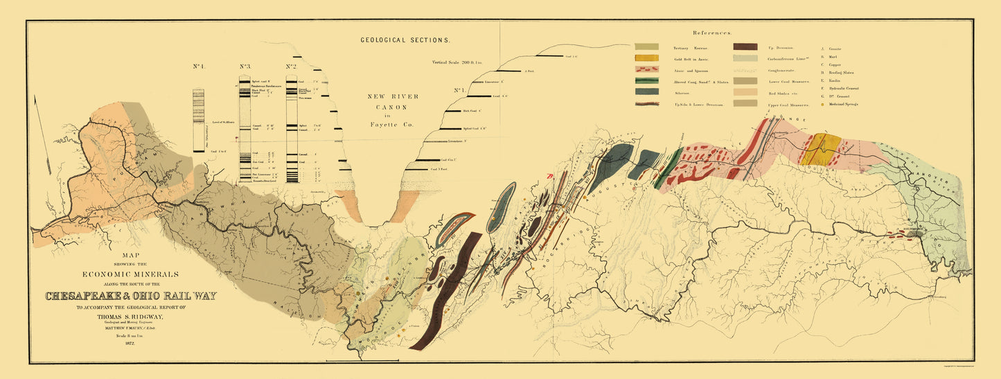 Railroad Map - Chesapeake and Ohio Railway Showing Minerals 1872 - 23 x 60 - Vintage Wall Art