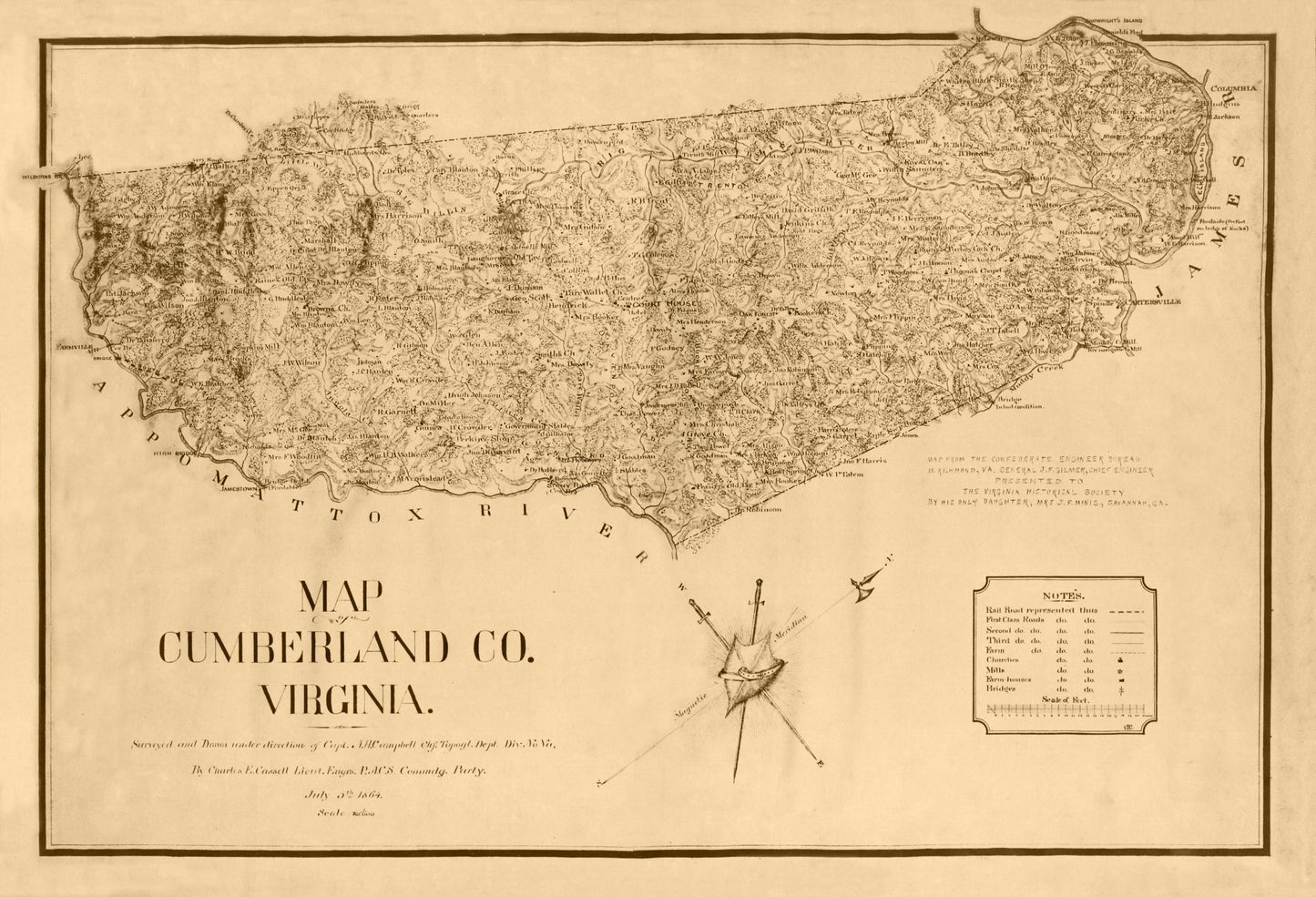 Historic County Map - Cumberland County Virginia - Campbell 1864 - 33.73 x 23 - Vintage Wall Art