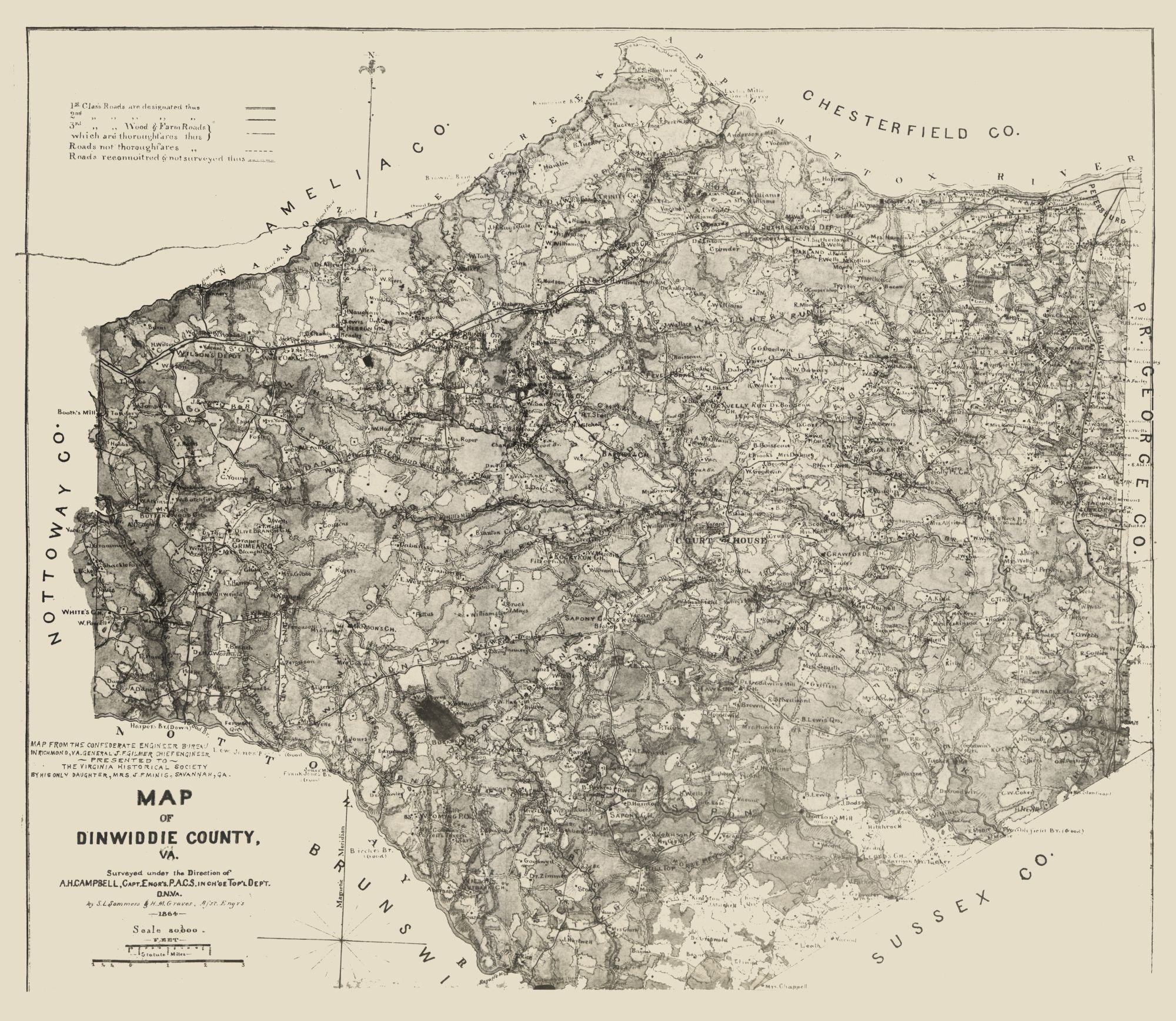 Historic County Map - Dinwiddie County Virginia - Graves 1864 - 26.48 ...