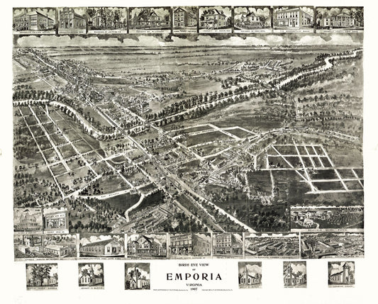 Historic Panoramic View - Emporia Virginia - Fowler 1907 - 28.57 x 23 - Vintage Wall Art