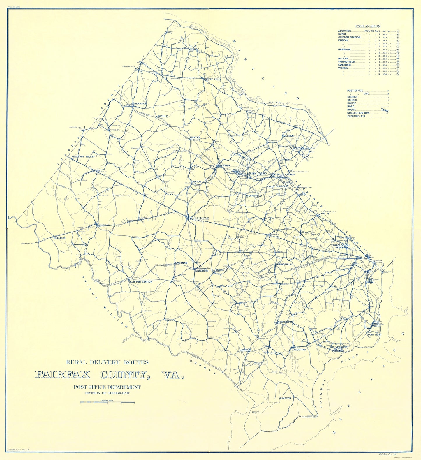 Historic Nautical Map - Fairfax County Rural Delivery Routes - USPS 1912 - 23 x 25.14 - Vintage Wall Art