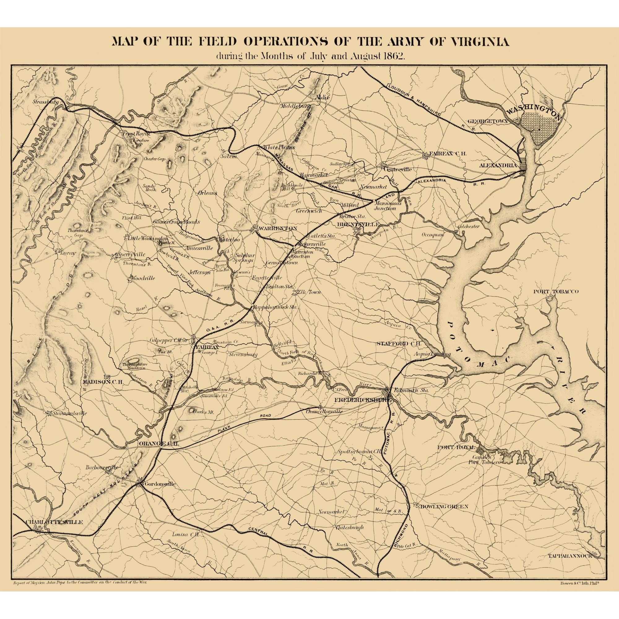 Historical Civil War Map - Virginia Field Operations - Pope 1866 - 25 ...