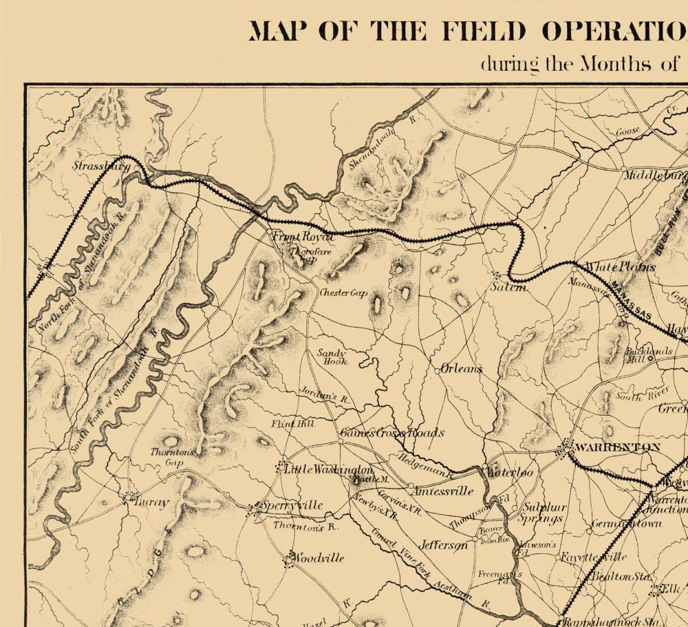 Historical Civil War Map - Virginia Field Operations - Pope 1866 - 25.23 x 23 - Vintage Wall Art