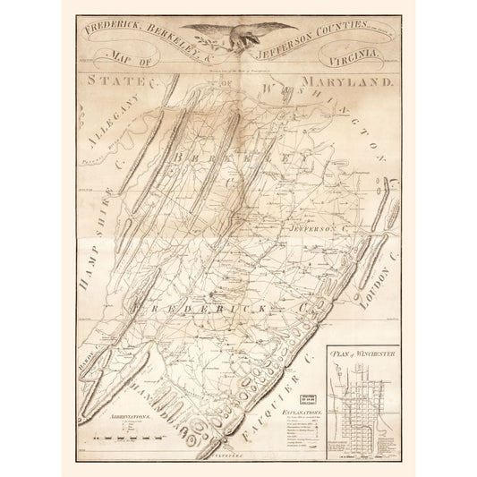 Historic County Map - Frederick Berkeley Jefferson Counties Virginia - Tarte 1809 - 23 x 30.96 - Vintage Wall Art