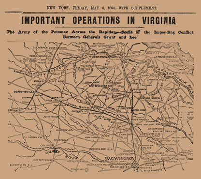 Historical Civil War Map - Virginia Important Operations - New York Herald 1864 - 25.84 x 23 - Vintage Wall Art