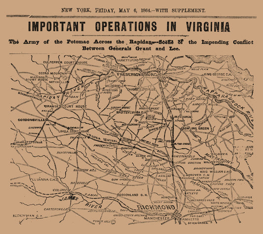 Historical Civil War Map - Virginia Important Operations - New York Herald 1864 - 25.84 x 23 - Vintage Wall Art