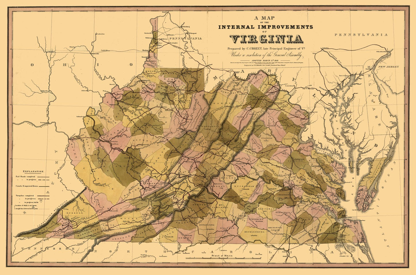 Historic State Map - Virginia Internal Improvements - Crozet 1848 - 34.74 x 23 - Vintage Wall Art