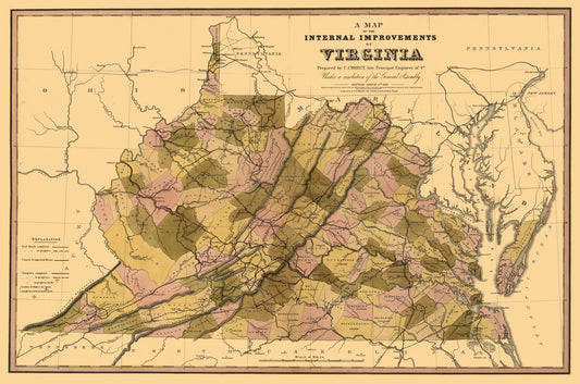 Historic State Map - Virginia Internal Improvements - Crozet 1848 - 34.74 x 23 - Vintage Wall Art