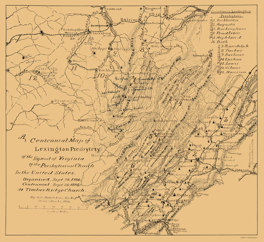 Historic State Map - Virginias Lexington Presbyterian - Hotchkiss 1886 - 23 x 25 - Vintage Wall Art