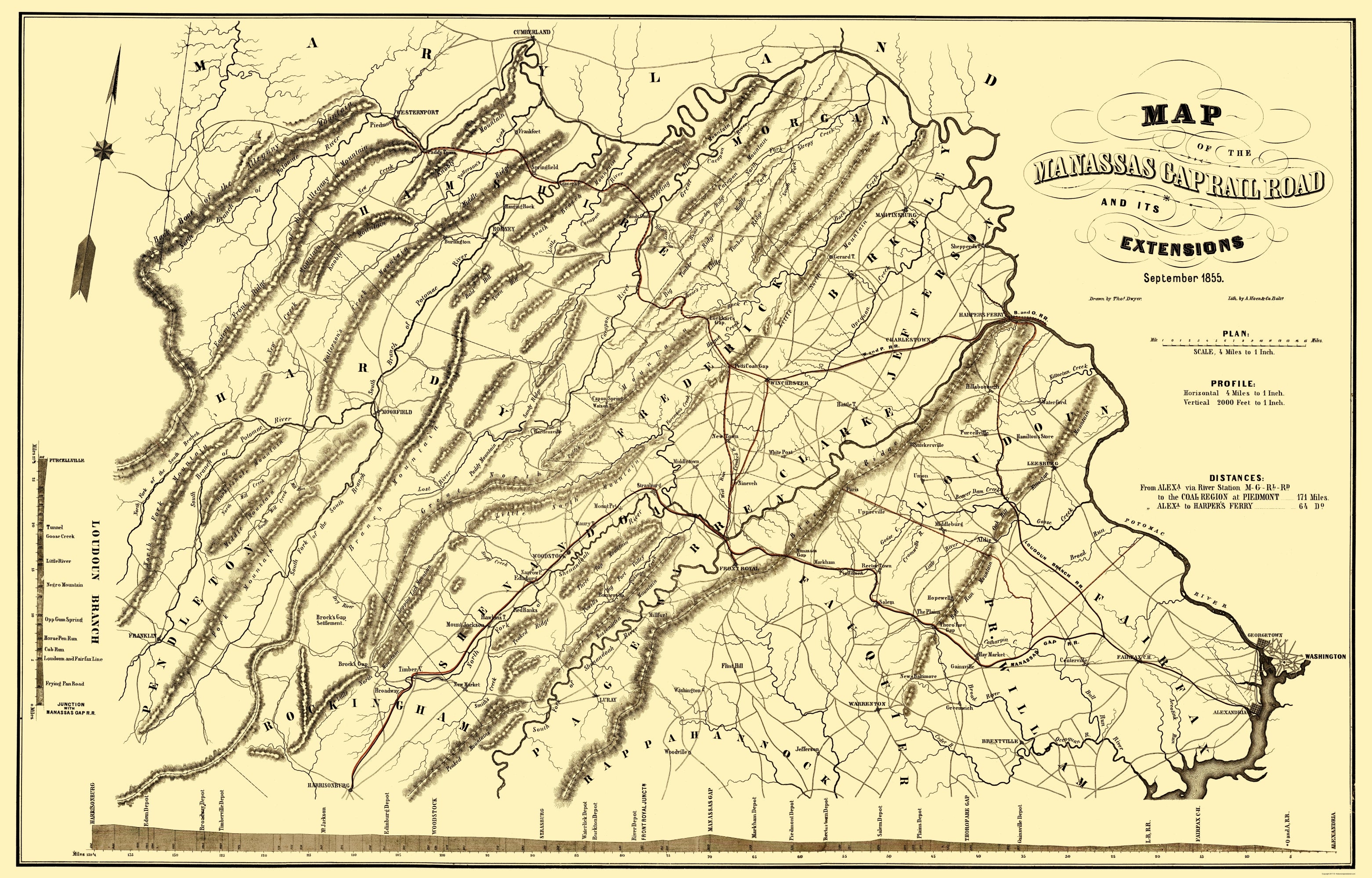 Railroad Map - Manassas Gap Railroad - Hoen 1855 - 23 x 35.92 - Vintag ...