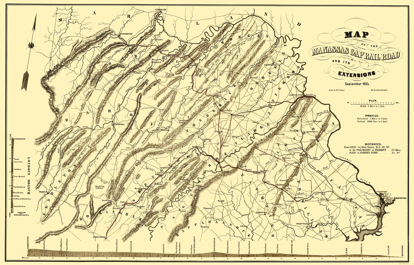 Railroad Map - Manassas Gap Railroad - Hoen 1855 - 23 x 35.92 - Vintage Wall Art