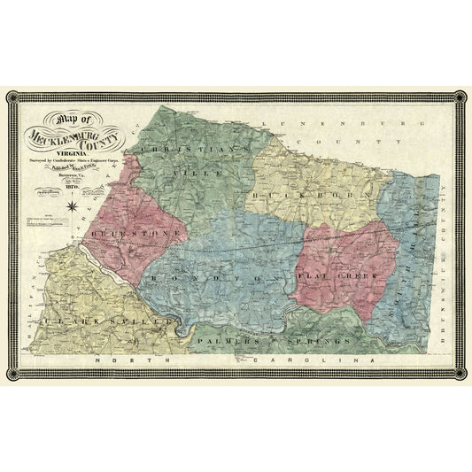 Historic County Map - Mecklandburg County Virginia - Finch 1870 - 36.14 x 23 - Vintage Wall Art
