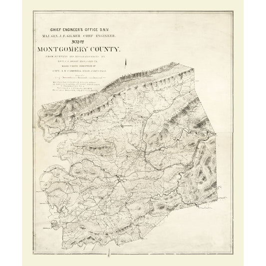 Historic County Map - Montgomery County Virginia - Gilmer 1864 - 27.59 x 23 - Vintage Wall Art