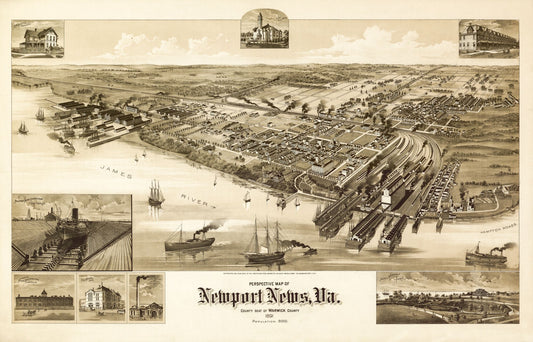 Historic Panoramic View - Newport News Virginia - 1891 - 35.89 x 23 - Vintage Wall Art