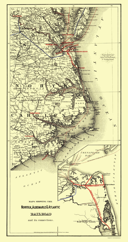 Railroad Map - Norfolk Albemarle Atlantic Railroad Connections - Colton 1891 - 23x43 - Vintage Wall Art