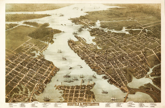 Historic Panoramic View - Norfolk Portsmouth Virginia - 1873 - 35.15 x 23 - Vintage Wall Art