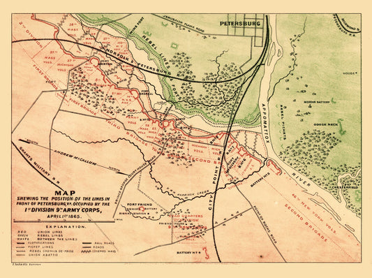 Historical Civil War Map - Petersburg Virginia - 1866 - 30.77 x 23 - Vintage Wall Art