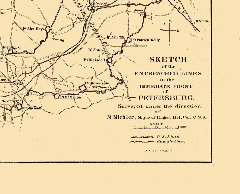 Historical Civil War Map - Petersburg Virginia - Michler 1865 - 28.51 x 23 - Vintage Wall Art